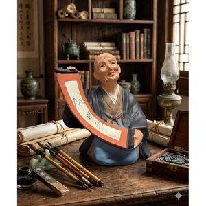 Vintage 1950'sJapanese Hakata Urasaki Clay Doll Scholar Calligrapher with Scroll